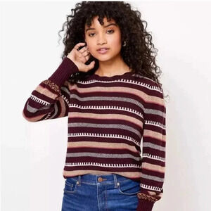 Loft Shimmer Stripe Pointelle Sweater Maroon Size Small